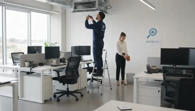 Técnico da Detecta inspecionando ar-condicionado em empresa para eliminar focos do Aedes aegypti