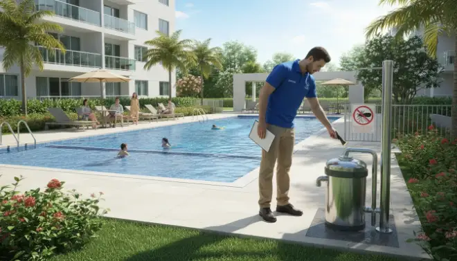 Profissional da Detecta inspecionando área da piscina de condomínio contra o Aedes aegypti
