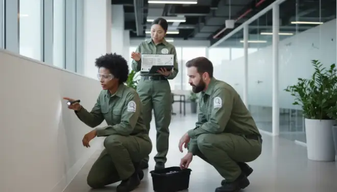Equipe da Detecta inspecionando edifício em programa de controle integrado de pragas