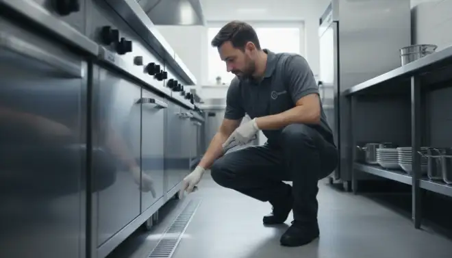 Técnico da Detecta inspecionando cozinha comercial para controle de formigas em empresas