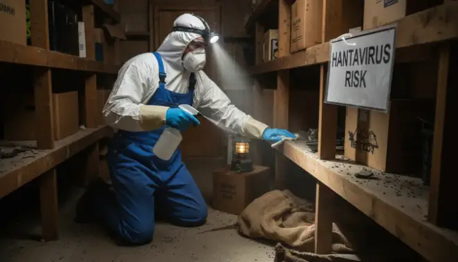 Pessoa usando EPIs para limpar local com sinais de roedores e evitar contaminação por hantavírus