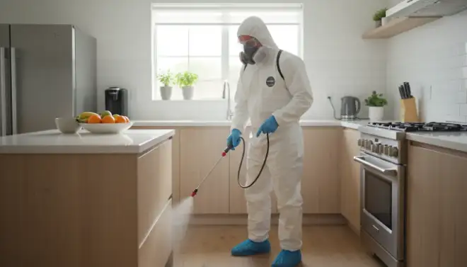 Técnico aplicando inseticida na cozinha durante dedetização de baratas segura