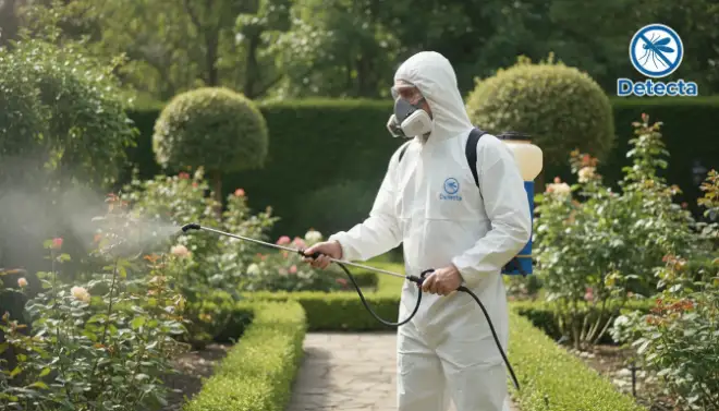 Técnico aplicando tratamento no quintal para controle de mosquitos