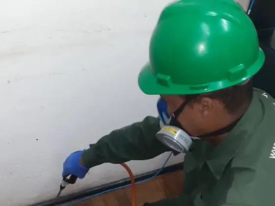 Técnico da Detecta perfurando rodapé para aplicação de cupinicida